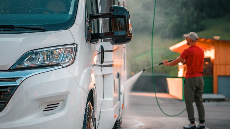 a man washing the exterior of his motorhome as part of his RV maintenance checklist